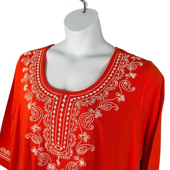 Woman Within Tunic Top Womens 2X 26/28 Red-orange Embroidered 100% Cotton Boho - Picture 4 of 15